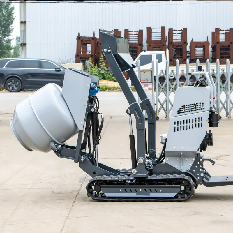 Side view of the grey BL-T200-HJ in a factory yard, with the loading bucket raised high on its arms above the drum and the drum tipped