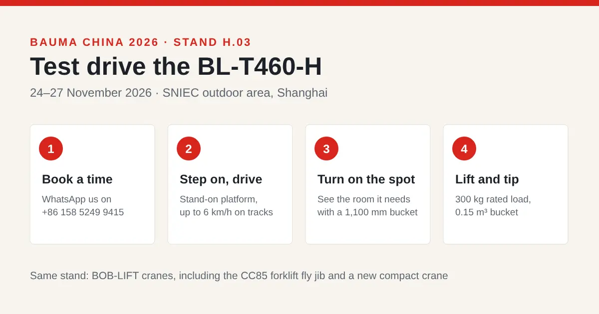 Four steps to test drive the BL-T460-H at bauma CHINA 2026 stand H.03: book a time, step on and drive, turn on the spot, lift and tip the bucket