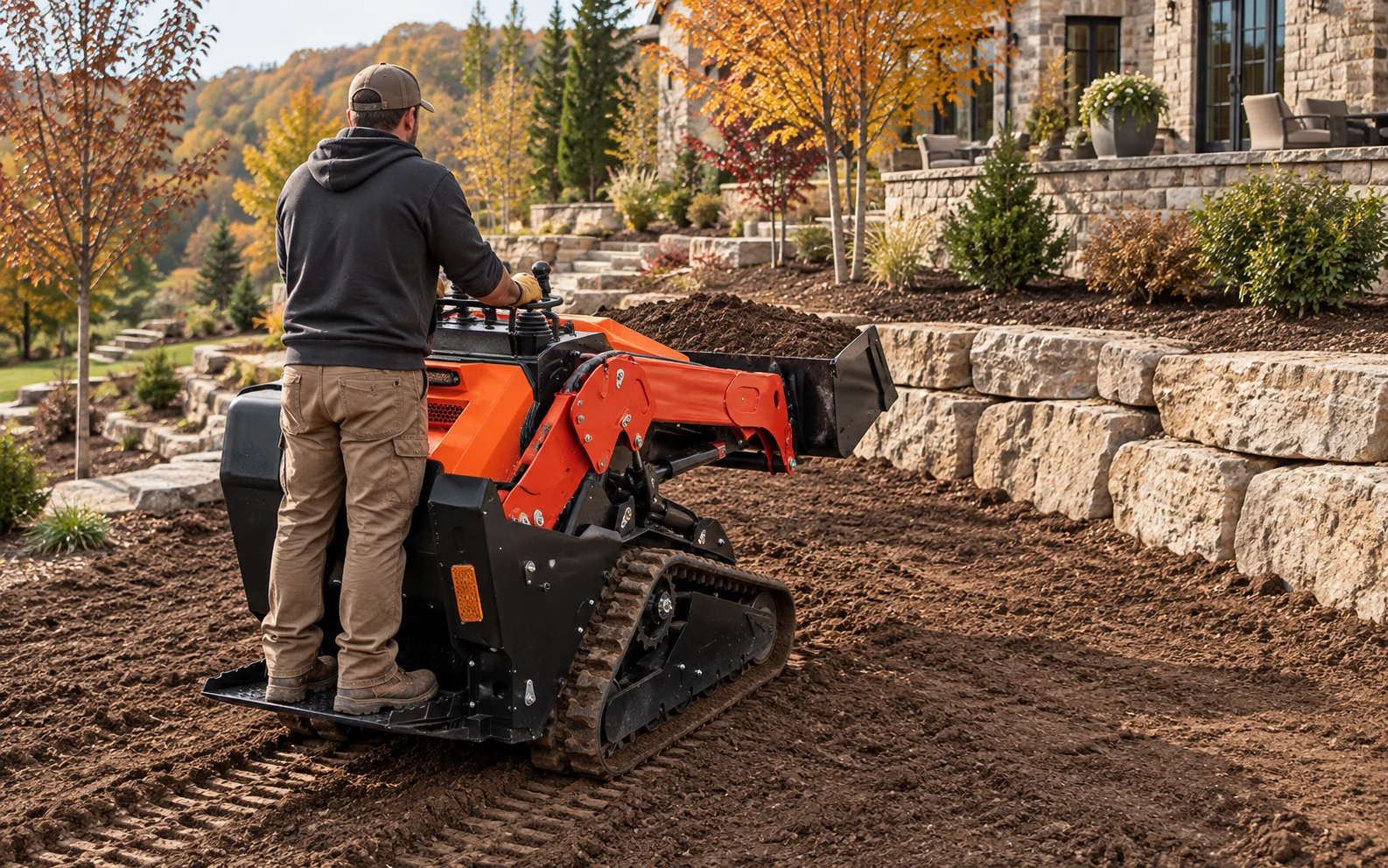 Illustration: an operator on the rear platform of a BOB-LIFT BL-T1000-H tracked mini loader, facing the bucket while moving soil beside a stone retaining wall