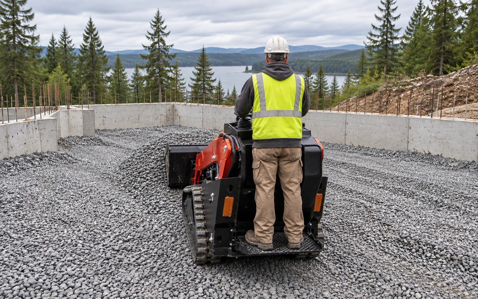 Illustration: an operator on the rear platform of a BOB-LIFT BL-T1000-H tracked mini loader, facing the bucket while spreading crushed stone inside a foundation