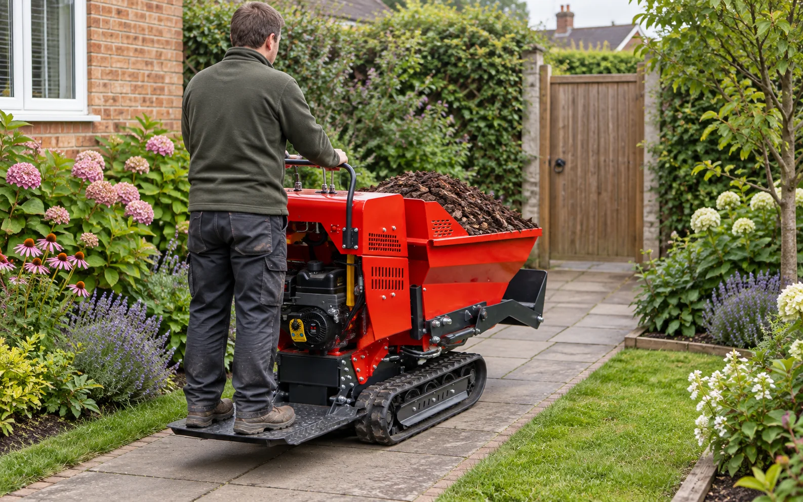 Illustration: an operator standing on the rear platform of a BOB-LIFT BL-T500-HD tracked mini dumper, facing the hopper of mulch on a garden path