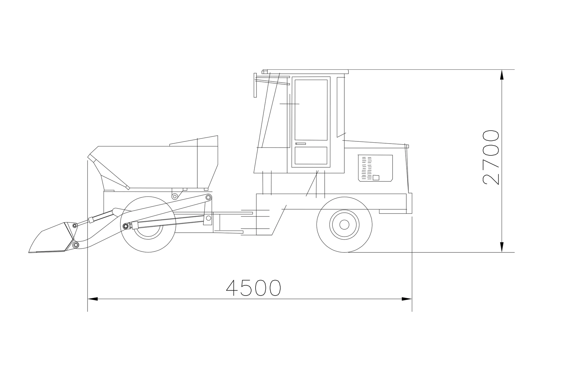 Side-view line drawing of the FJZ30 with the front bucket on lift arms ahead of the hopper and the cab behind, marked 4500 mm long and 2700 mm high