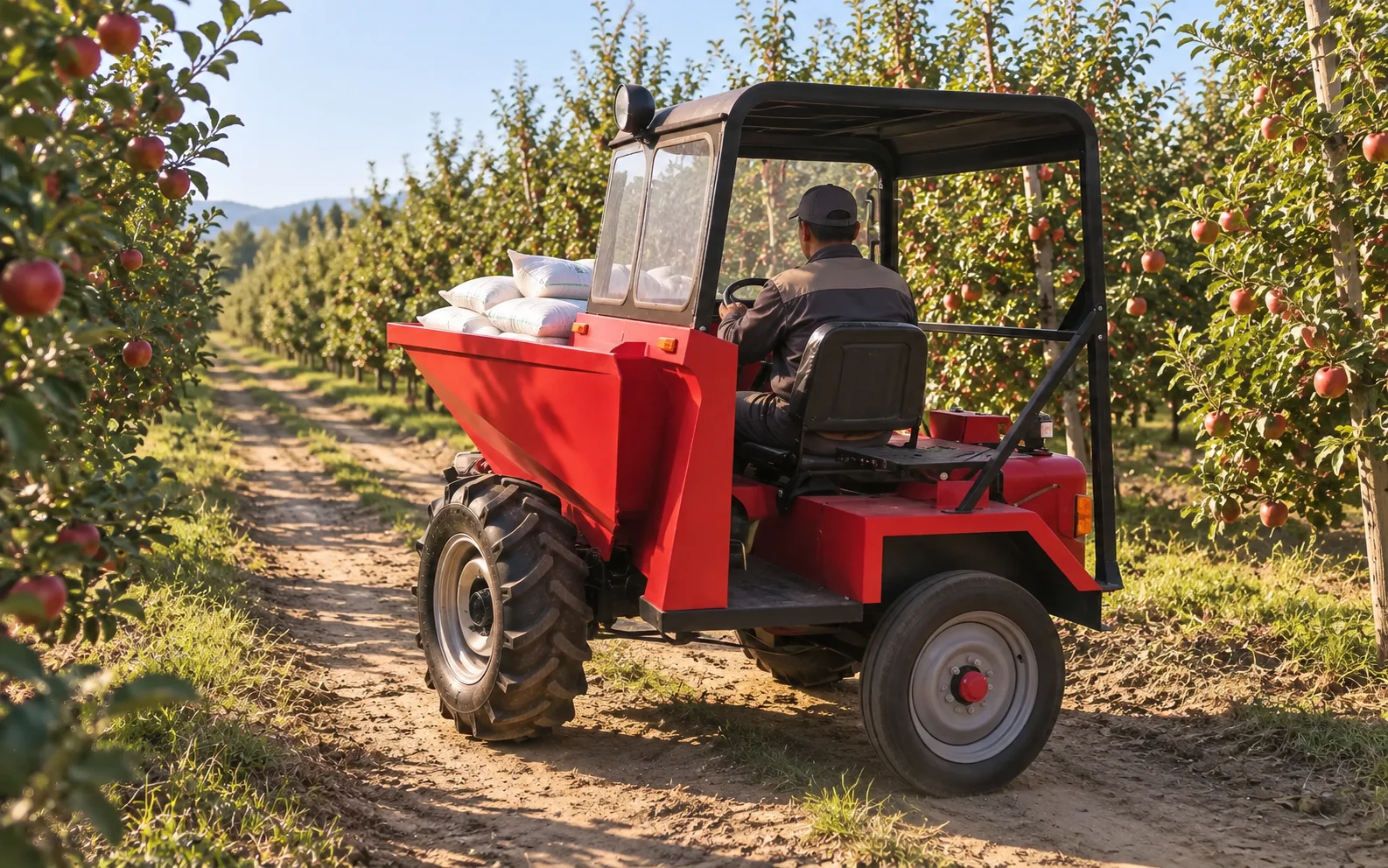 Illustration: a seated driver steering a BOB-LIFT FY15 mini dumper with roof along an orchard row, hopper loaded with fertiliser bags