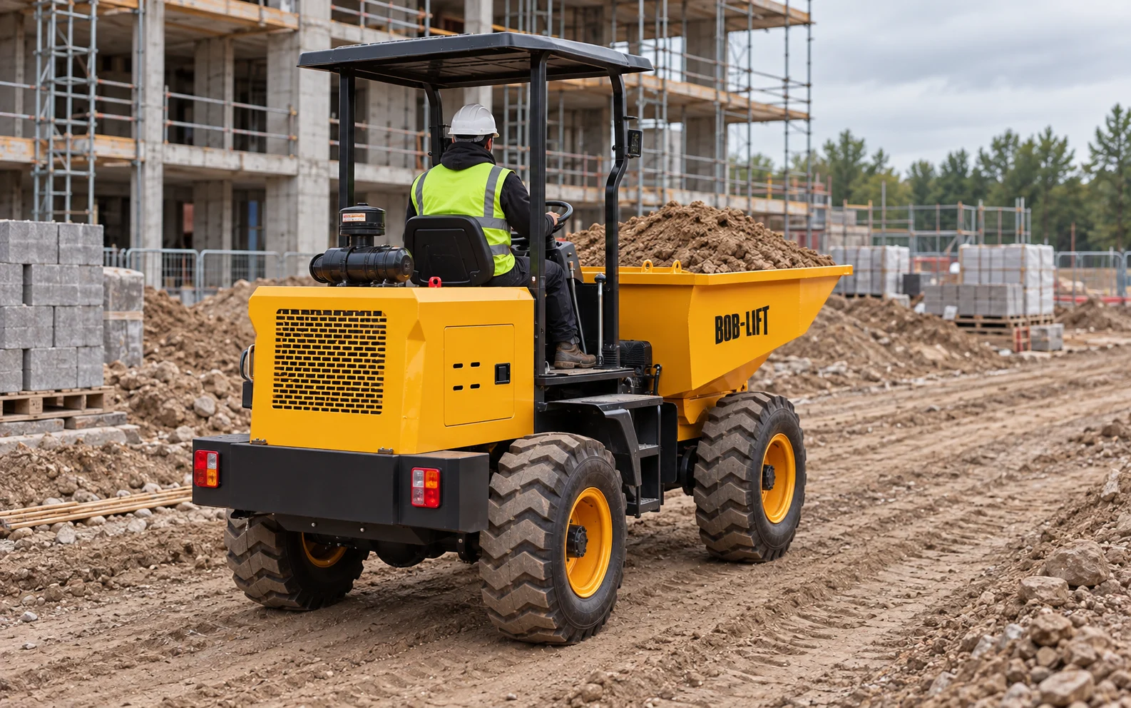 Illustration: a driver seated behind the steering wheel of a BOB-LIFT FY30 site dumper, facing the loaded skip as it carries soil along a building-site track